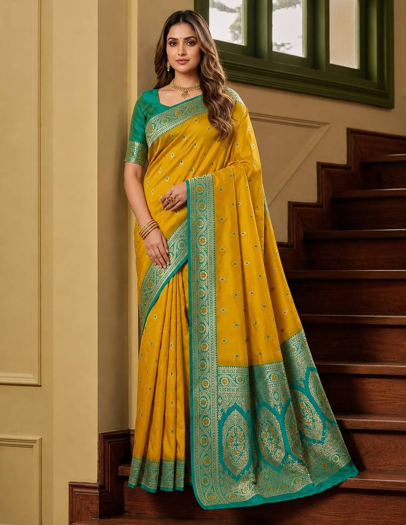 Yellow soft banarasi silk saree with zari weaving meenakari design