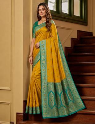 Yellow soft banarasi silk saree with zari weaving meenakari design 3