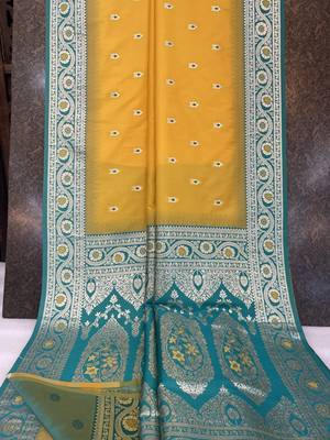 Yellow soft banarasi silk saree with zari weaving meenakari design 5
