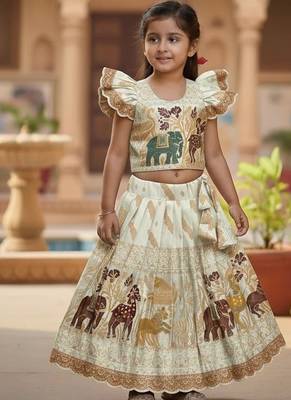 Cream silk blend  weaving zari work kids lehenga choli 1