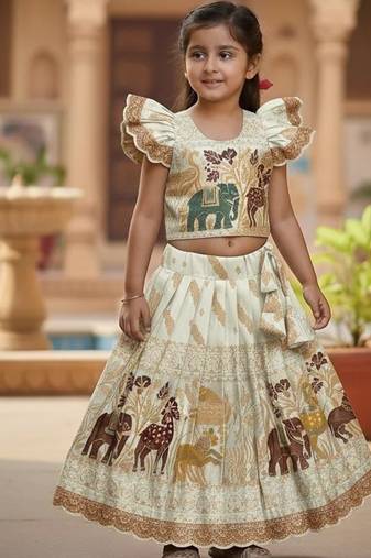 Cream silk blend  weaving zari work kids lehenga choli