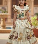 Cream silk blend  weaving zari work kids lehenga choli