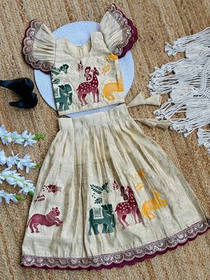 Cream silk blend  weaving zari work kids lehenga choli 2