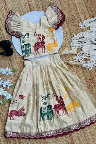 Cream silk blend  weaving zari work kids lehenga choli