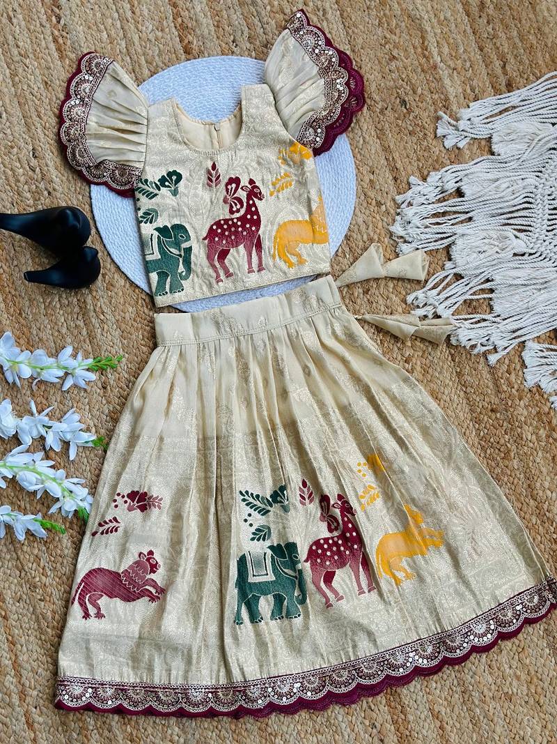 Cream silk blend  weaving zari work kids lehenga choli