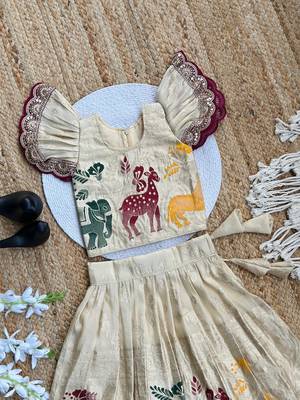 Cream silk blend  weaving zari work kids lehenga choli 3