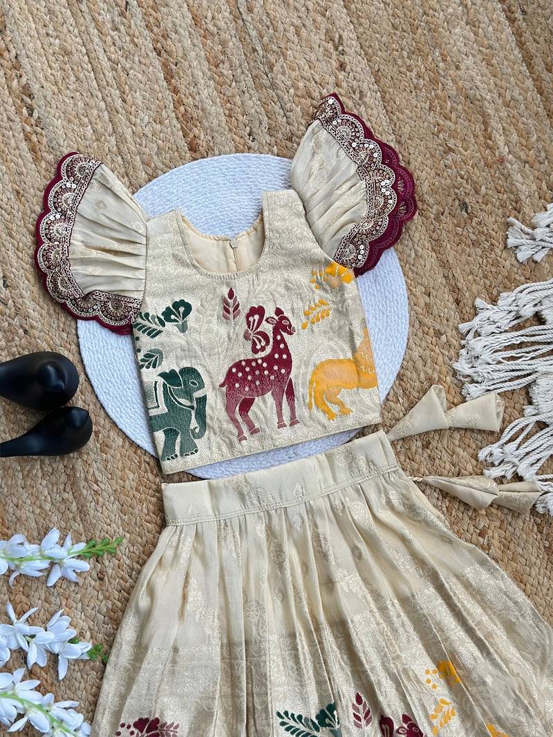 Cream silk blend  weaving zari work kids lehenga choli