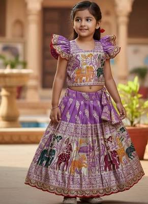 Lavender  silk blend weaving zari work kids lehenga choli 1