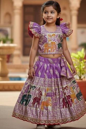 Lavender  silk blend weaving zari work kids lehenga choli