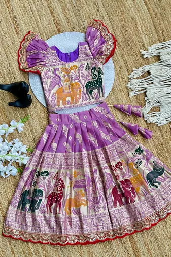 Lavender  silk blend weaving zari work kids lehenga choli