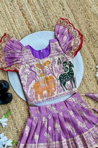 Lavender  silk blend weaving zari work kids lehenga choli