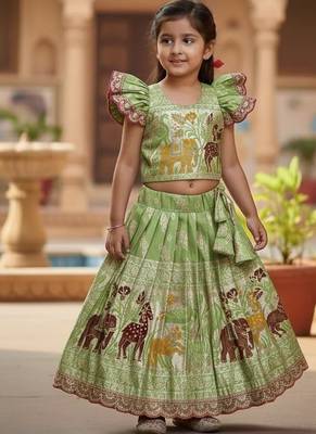 Pista  silk blend weaving zari work kids lehenga choli 1