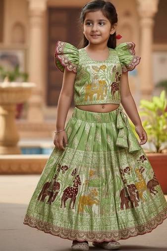 Pista  silk blend weaving zari work kids lehenga choli