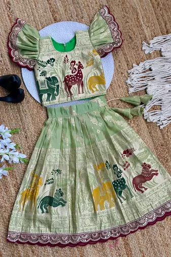 Pista  silk blend weaving zari work kids lehenga choli