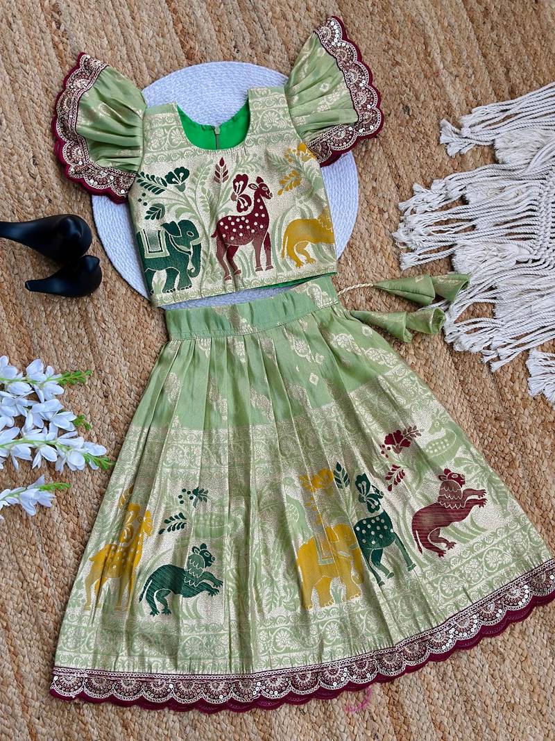 Pista  silk blend weaving zari work kids lehenga choli