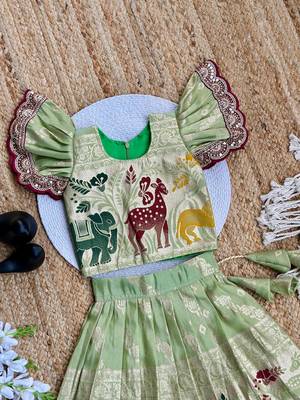 Pista  silk blend weaving zari work kids lehenga choli 3