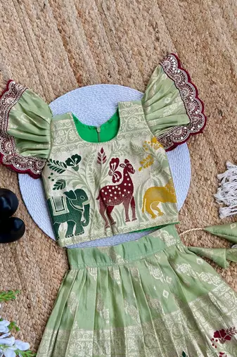 Pista  silk blend weaving zari work kids lehenga choli