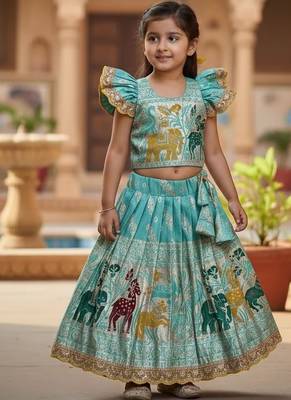 Skyblue silk blend  weaving zari work kids lehenga choli 1