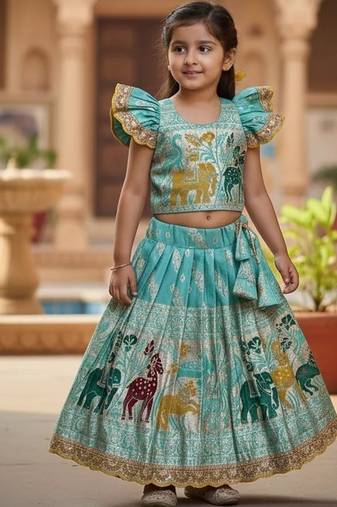 Skyblue silk blend  weaving zari work kids lehenga choli