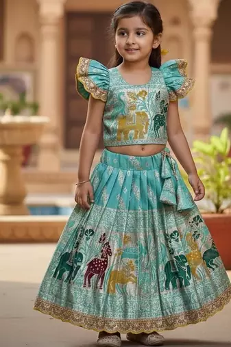 Skyblue silk blend  weaving zari work kids lehenga choli