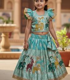 Skyblue silk blend  weaving zari work kids lehenga choli