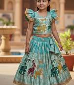 Skyblue silk blend  weaving zari work kids lehenga choli