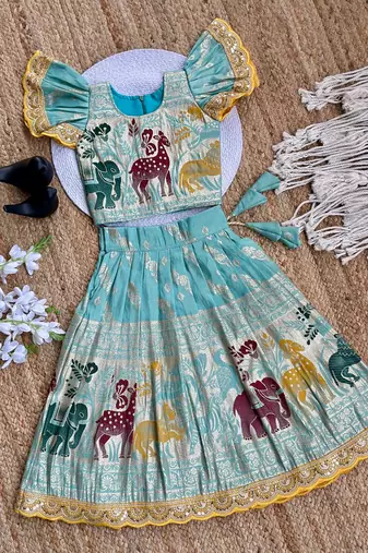 Skyblue silk blend  weaving zari work kids lehenga choli