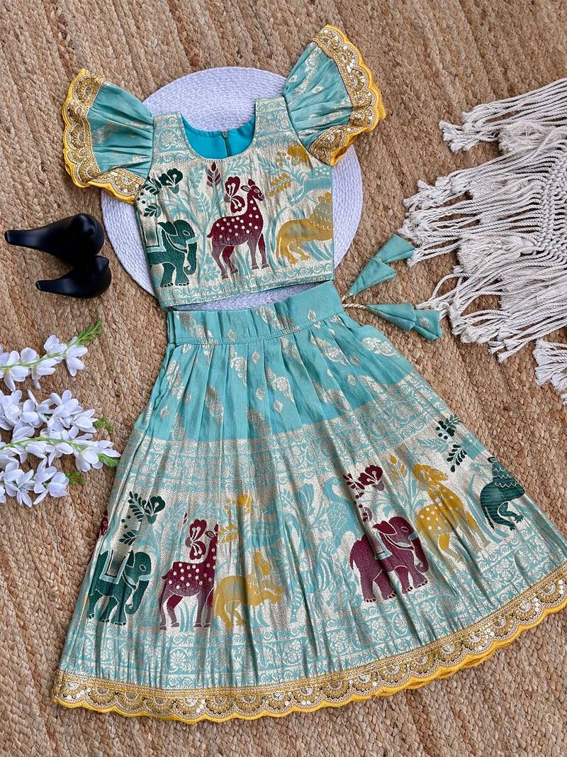 Skyblue silk blend  weaving zari work kids lehenga choli