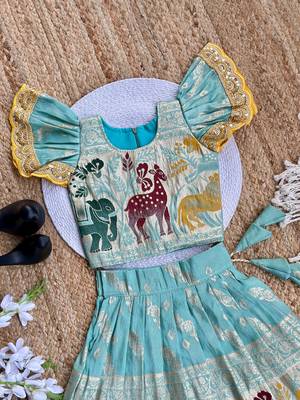 Skyblue silk blend  weaving zari work kids lehenga choli 3