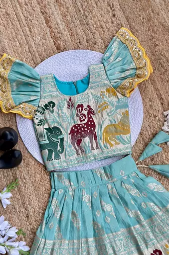 Skyblue silk blend  weaving zari work kids lehenga choli