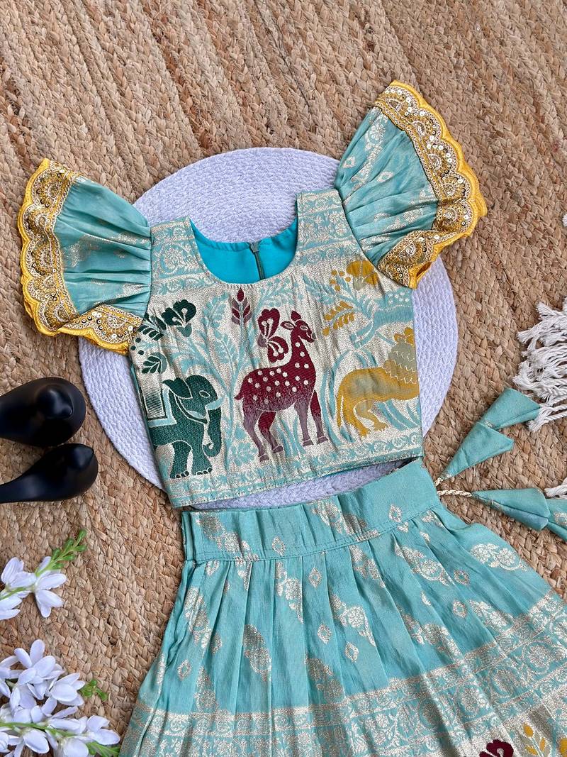Skyblue silk blend  weaving zari work kids lehenga choli