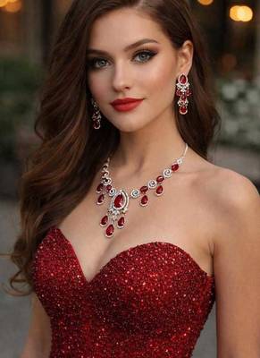 red crystal statement jewellery set, ruby chandelier earrings necklace, silver wedding bridal 1