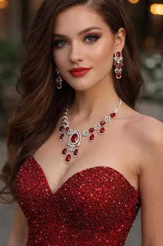 red crystal statement jewellery set, ruby chandelier earrings necklace, silver wedding bridal