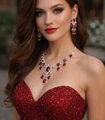 red crystal statement jewellery set, ruby chandelier earrings necklace, silver wedding bridal