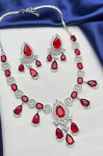 red crystal statement jewellery set, ruby chandelier earrings necklace, silver wedding bridal