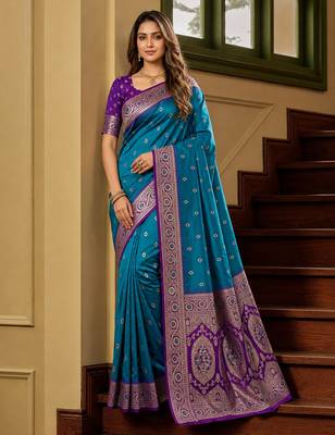 Teal soft banarasi silk saree with zari weaving meenakari design 1