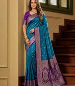 Teal soft banarasi silk saree with zari weaving meenakari design