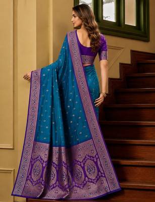 Teal soft banarasi silk saree with zari weaving meenakari design 2