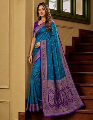Teal soft banarasi silk saree with zari weaving meenakari design 3