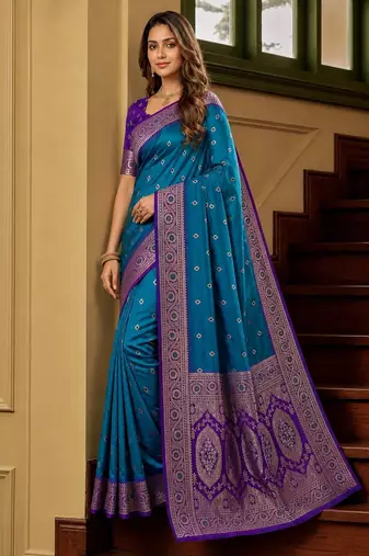 Teal soft banarasi silk saree with zari weaving meenakari design