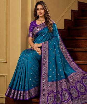 Teal soft banarasi silk saree with zari weaving meenakari design 4