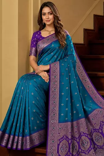 Teal soft banarasi silk saree with zari weaving meenakari design