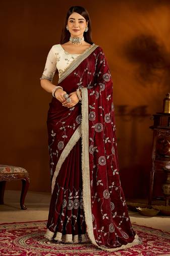 Maroon color satin silk saree with beige blouse heavy embroidered work