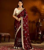 Maroon color satin silk saree with beige blouse heavy embroidered work
