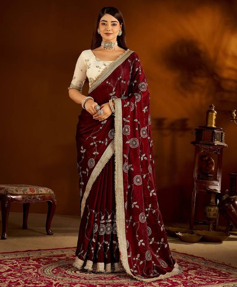 Maroon color satin silk saree with beige blouse heavy embroidered work