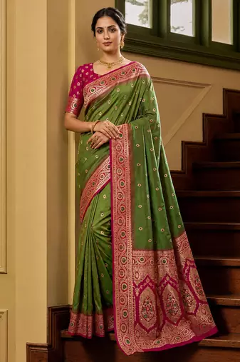 Green soft banarasi silk saree with zari weaving meenakari design