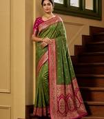 Green soft banarasi silk saree with zari weaving meenakari design