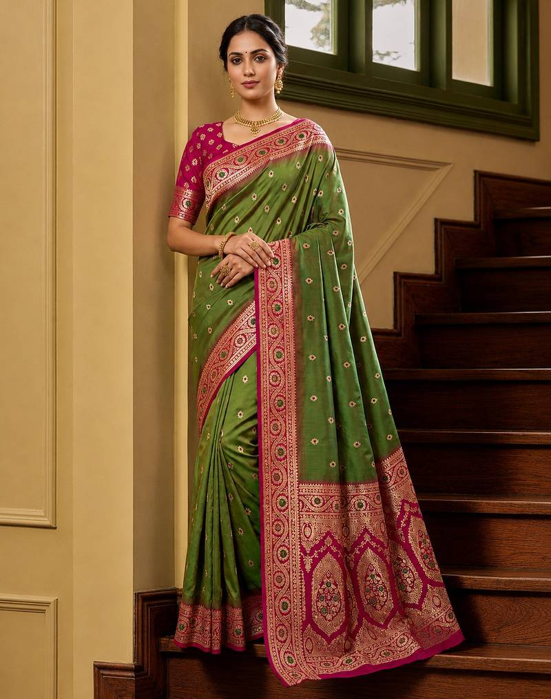 Green soft banarasi silk saree with zari weaving meenakari design