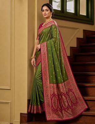 Green soft banarasi silk saree with zari weaving meenakari design 2