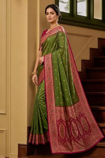 Green soft banarasi silk saree with zari weaving meenakari design